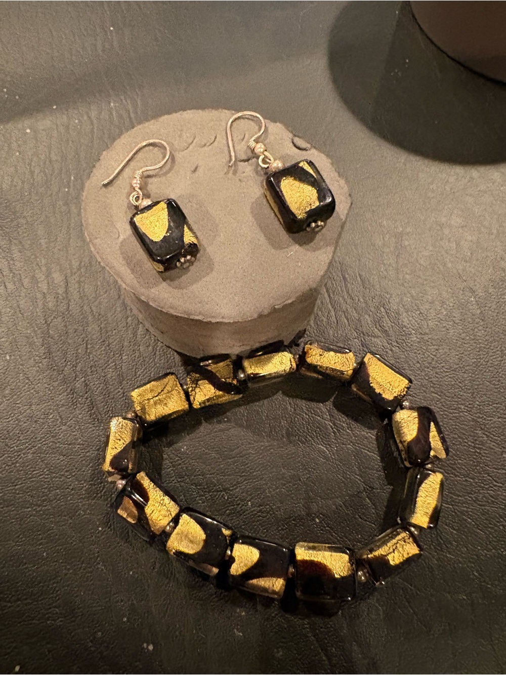 Handcrafted Black and Gold Glass Bracelet & Earrings Set